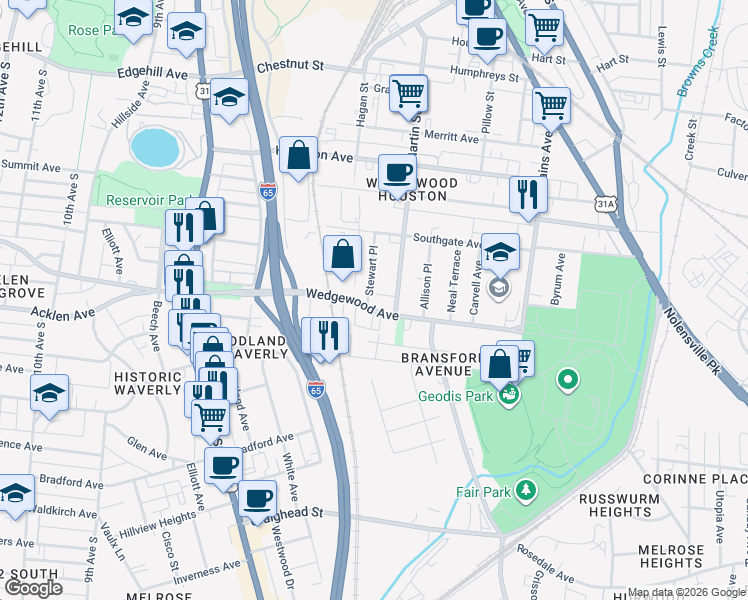map of restaurants, bars, coffee shops, grocery stores, and more near 665 Wedgewood Avenue in Nashville