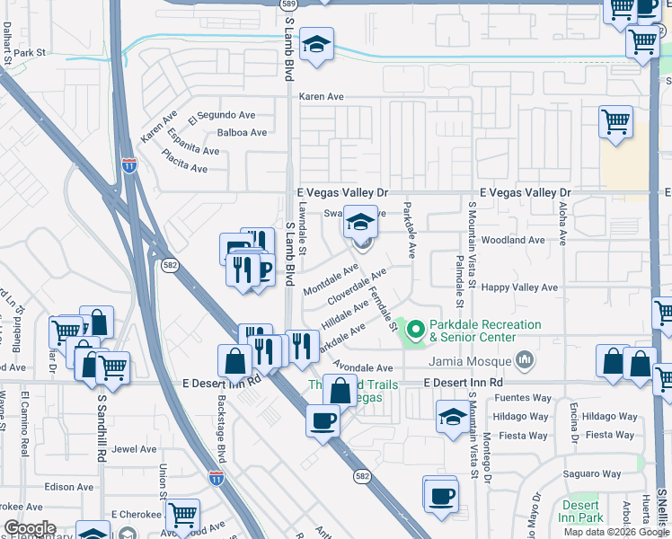 map of restaurants, bars, coffee shops, grocery stores, and more near 4350 Cloverdale Avenue in Las Vegas
