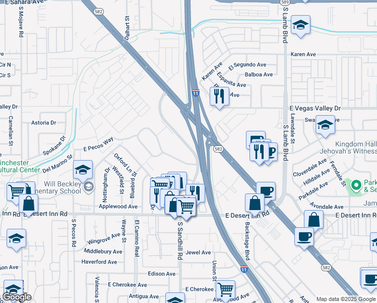 map of restaurants, bars, coffee shops, grocery stores, and more near 134 Greenbriar Townhouse Way in Las Vegas