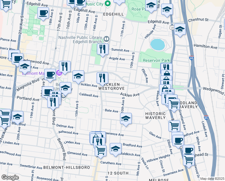map of restaurants, bars, coffee shops, grocery stores, and more near 1013 Acklen Avenue in Nashville