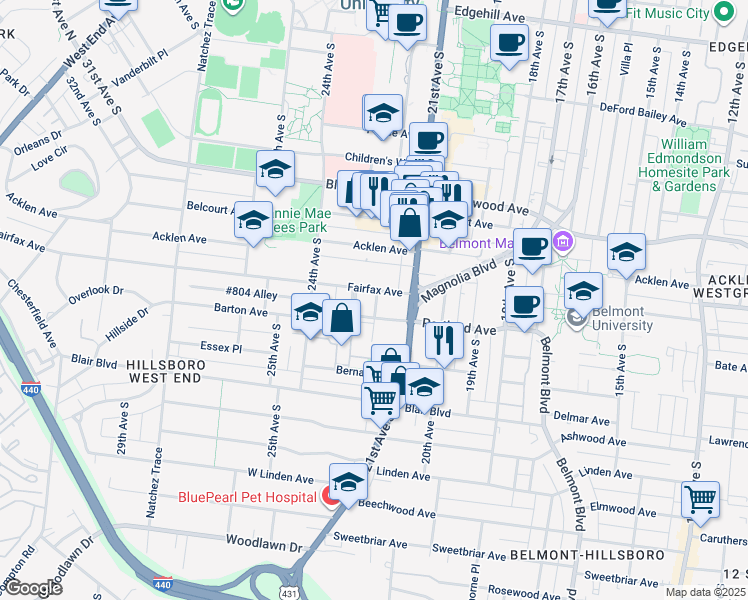 map of restaurants, bars, coffee shops, grocery stores, and more near 2002 Calhoun Avenue in Nashville