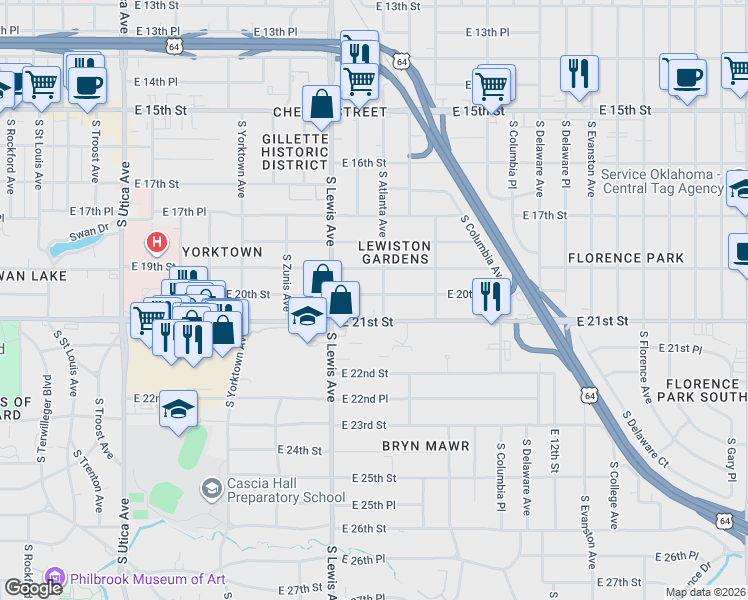 map of restaurants, bars, coffee shops, grocery stores, and more near in Tulsa