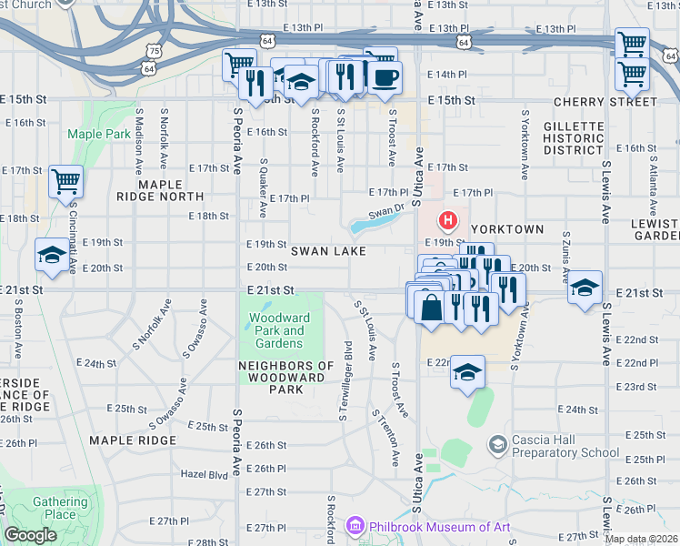 map of restaurants, bars, coffee shops, grocery stores, and more near 1515 East 21st Street in Tulsa