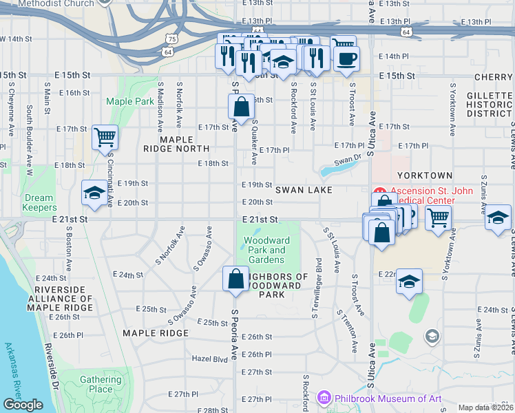 map of restaurants, bars, coffee shops, grocery stores, and more near 1332 East 20th Street in Tulsa