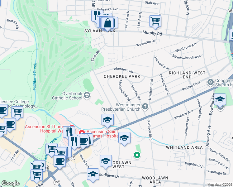 map of restaurants, bars, coffee shops, grocery stores, and more near 204 Lauderdale Road in Nashville