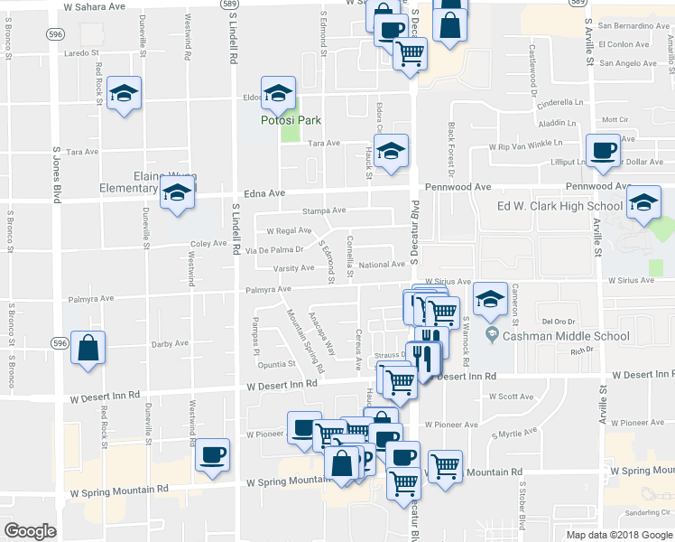map of restaurants, bars, coffee shops, grocery stores, and more near 3070 South Edmond Street in Las Vegas