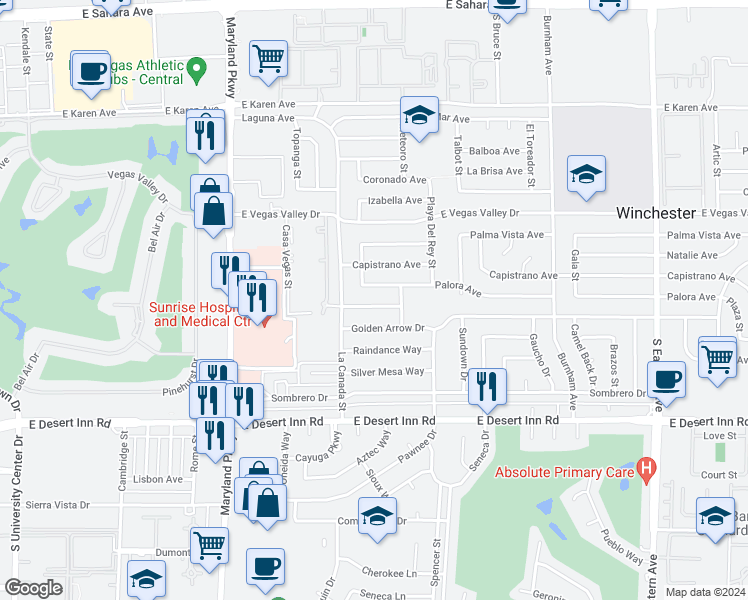 map of restaurants, bars, coffee shops, grocery stores, and more near 1571 Serenada Avenue in Las Vegas