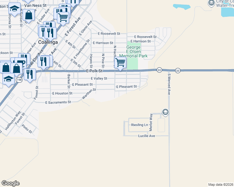 map of restaurants, bars, coffee shops, grocery stores, and more near 451 South Hachman Street in Coalinga