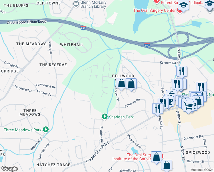 map of restaurants, bars, coffee shops, grocery stores, and more near 5 Dunnberry Court in Greensboro