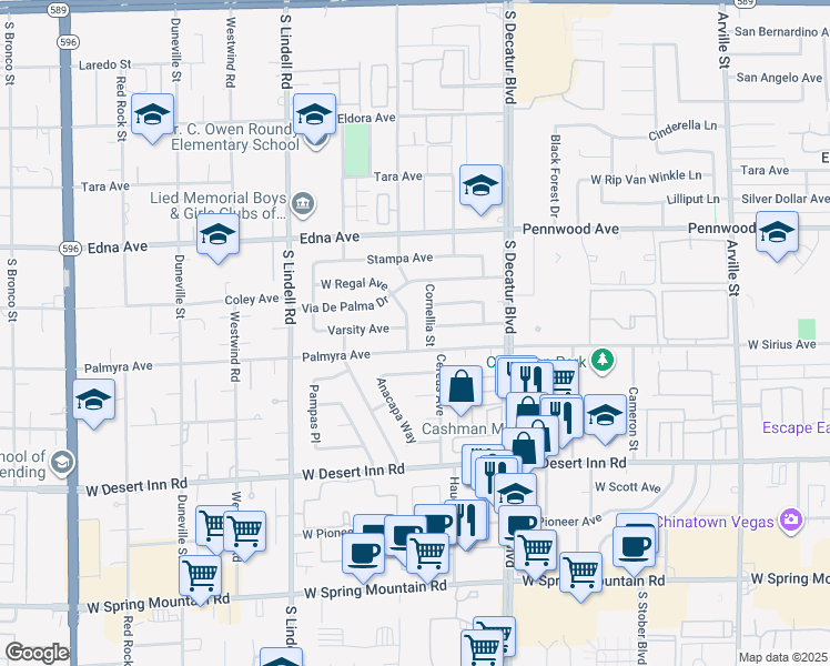 map of restaurants, bars, coffee shops, grocery stores, and more near 3070 South Edmond Street in Las Vegas