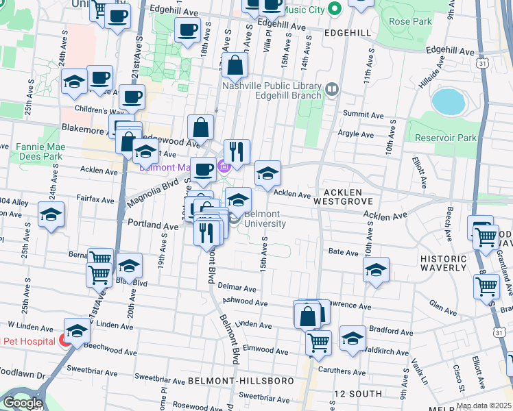 map of restaurants, bars, coffee shops, grocery stores, and more near 1905 15th Avenue South in Nashville