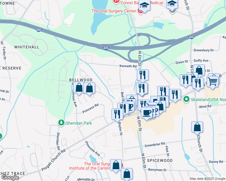 map of restaurants, bars, coffee shops, grocery stores, and more near 4140 Baylor Street in Greensboro