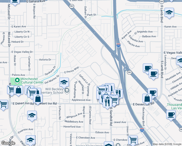 map of restaurants, bars, coffee shops, grocery stores, and more near 725 Greenbriar Townhouse Way in Las Vegas