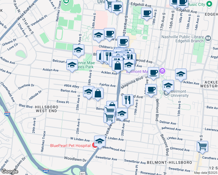 map of restaurants, bars, coffee shops, grocery stores, and more near 2115 Fairfax Avenue in Nashville