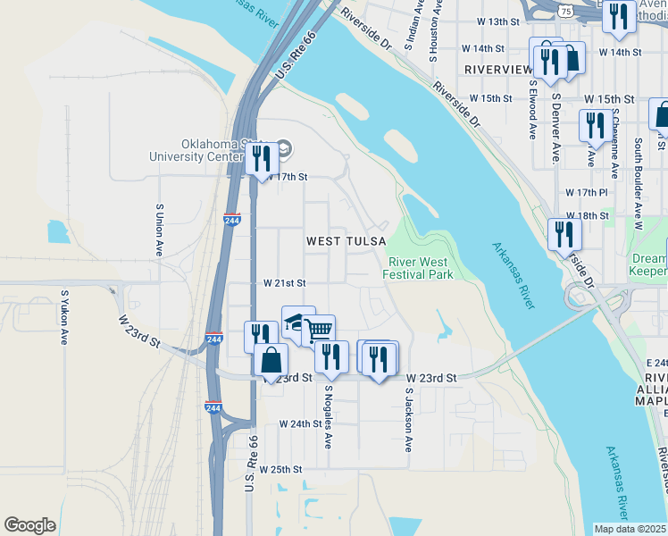 map of restaurants, bars, coffee shops, grocery stores, and more near 2027 South Nogales Avenue in Tulsa