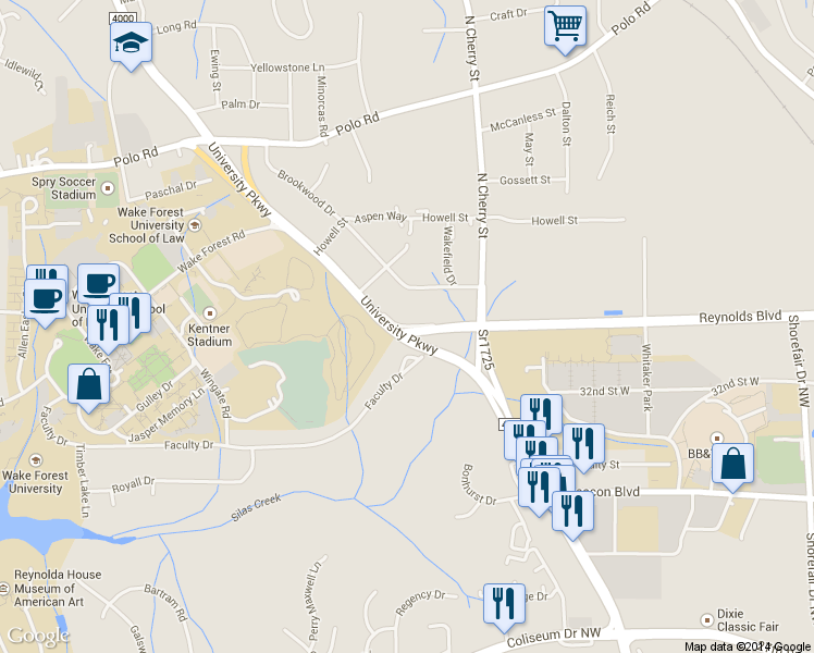 map of restaurants, bars, coffee shops, grocery stores, and more near Bethabara Road in Winston-Salem