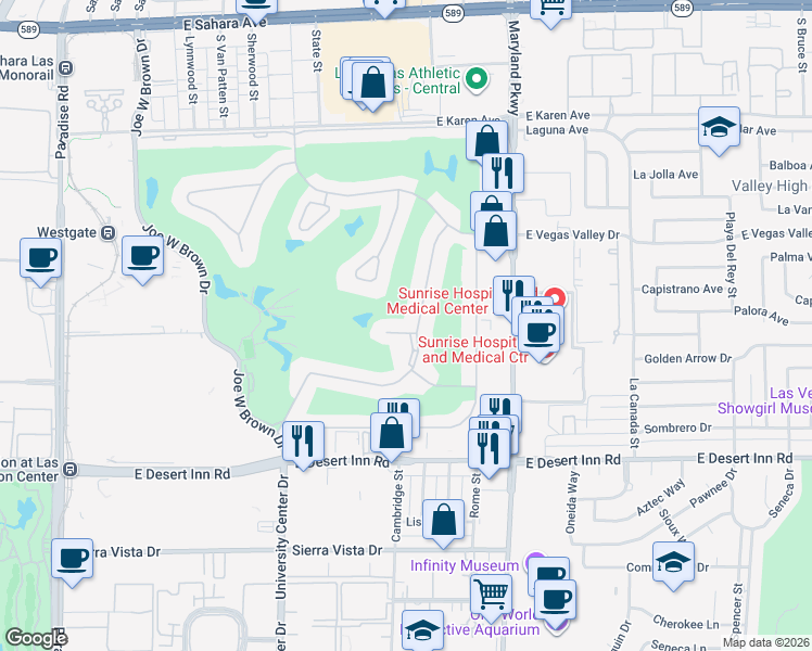 map of restaurants, bars, coffee shops, grocery stores, and more near 1018 Bel Air Circle in Las Vegas
