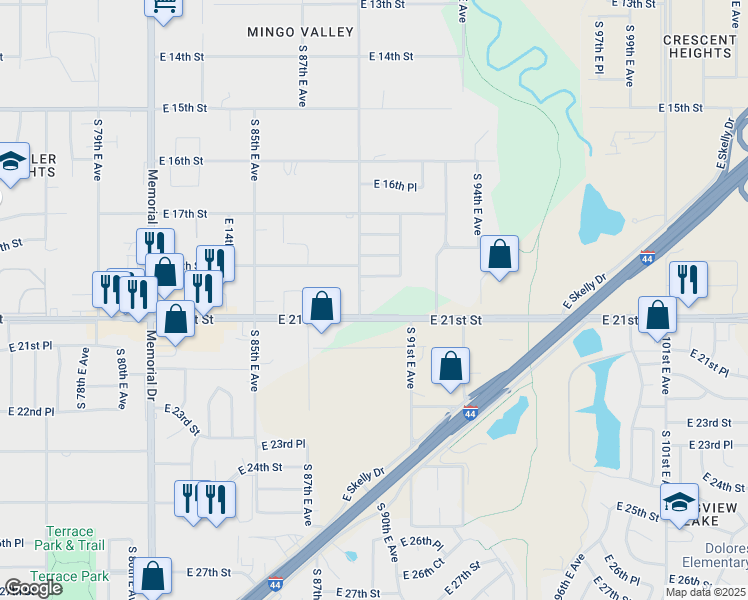 map of restaurants, bars, coffee shops, grocery stores, and more near 8909 East 21st Street in Tulsa