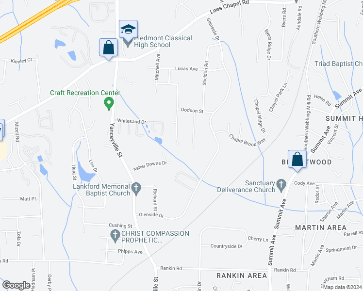 map of restaurants, bars, coffee shops, grocery stores, and more near 1800 Savannas Run Drive in Greensboro