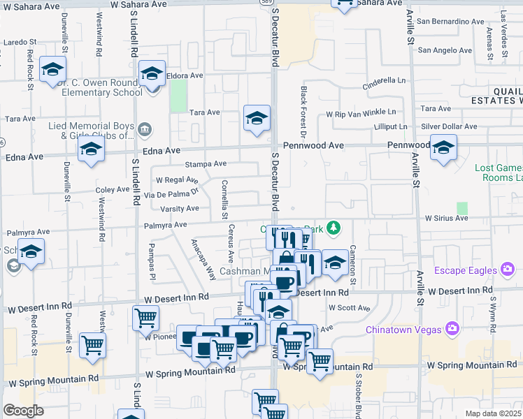 map of restaurants, bars, coffee shops, grocery stores, and more near 3109 Palmyra Circle in Las Vegas