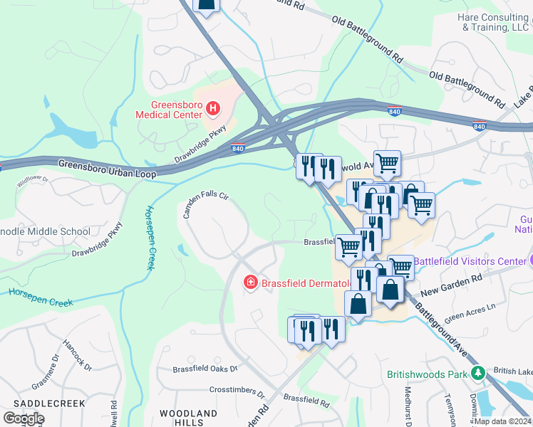 map of restaurants, bars, coffee shops, grocery stores, and more near 3709 Winborne Lane in Greensboro