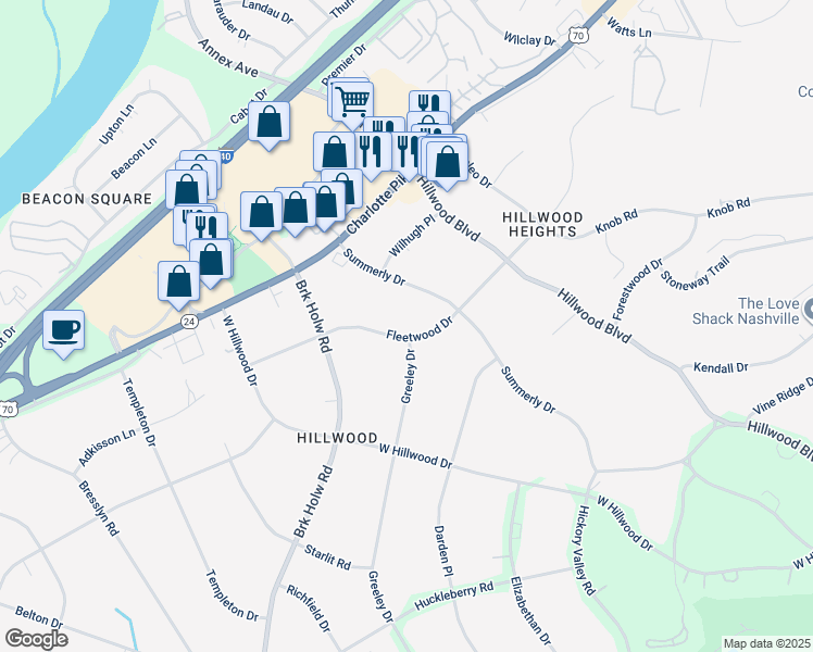 map of restaurants, bars, coffee shops, grocery stores, and more near 6721 Fleetwood Drive in Nashville