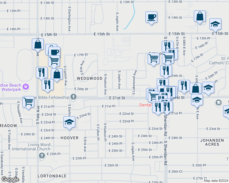 map of restaurants, bars, coffee shops, grocery stores, and more near 5733 Service Road in Tulsa