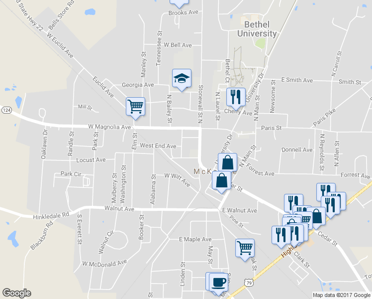 map of restaurants, bars, coffee shops, grocery stores, and more near 16 North McTyiere Street in McKenzie
