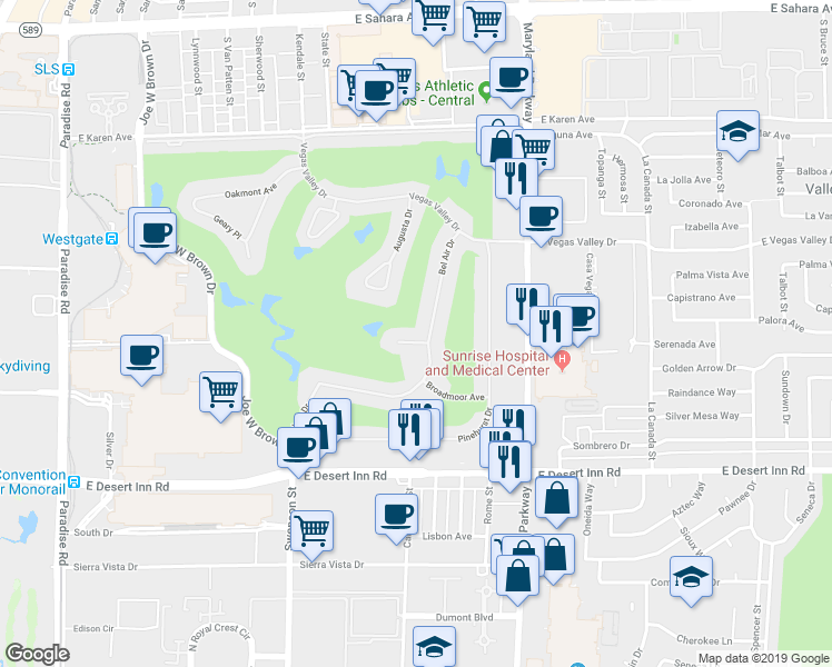 map of restaurants, bars, coffee shops, grocery stores, and more near 1018 Bel Air Circle in Las Vegas