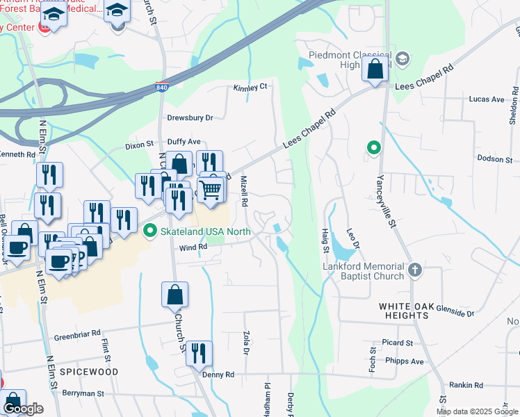 map of restaurants, bars, coffee shops, grocery stores, and more near 3808 Mizell Road in Greensboro