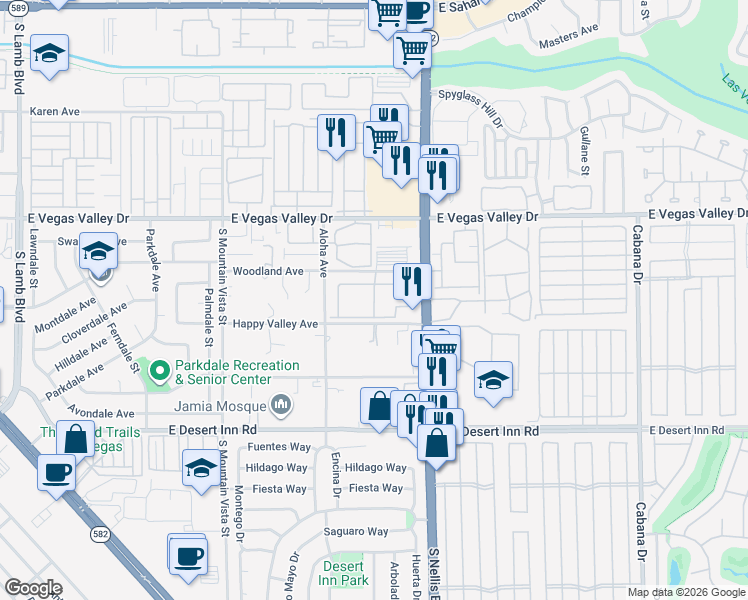 map of restaurants, bars, coffee shops, grocery stores, and more near 3055 South Nellis Boulevard in Las Vegas