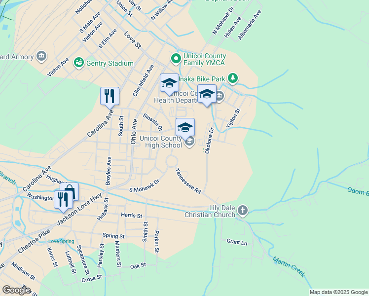 map of restaurants, bars, coffee shops, grocery stores, and more near 700 South Mohawk Drive in Erwin
