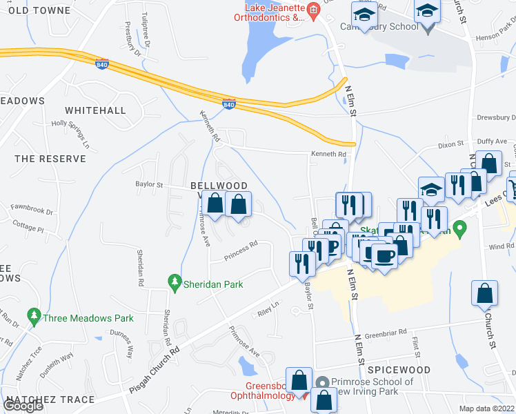 map of restaurants, bars, coffee shops, grocery stores, and more near 3 Hydrangea Court in Greensboro