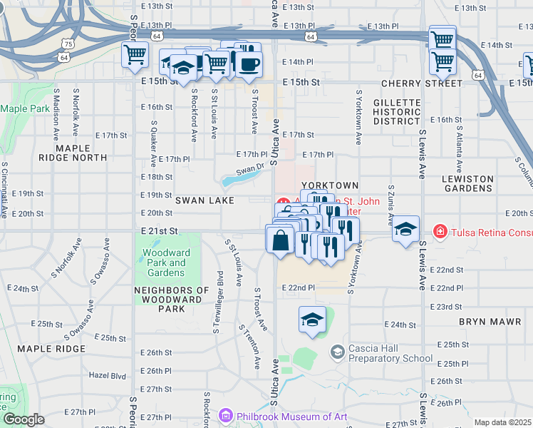 map of restaurants, bars, coffee shops, grocery stores, and more near in Tulsa