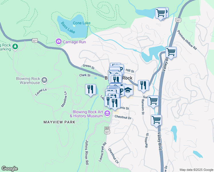 map of restaurants, bars, coffee shops, grocery stores, and more near 147 Park Avenue in Blowing Rock