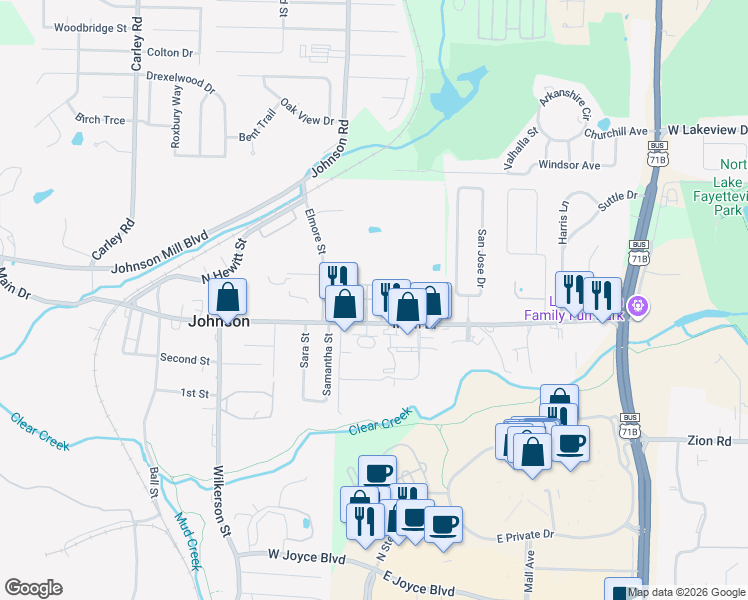 map of restaurants, bars, coffee shops, grocery stores, and more near 2208 Main Drive in Fayetteville