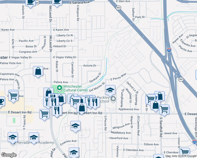 map of restaurants, bars, coffee shops, grocery stores, and more near 3354 Del Marino Street in Las Vegas