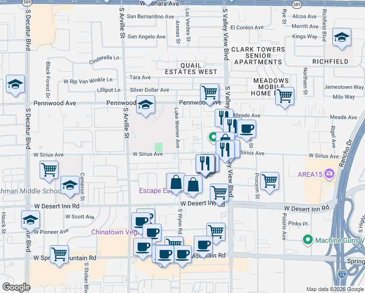 map of restaurants, bars, coffee shops, grocery stores, and more near 3120 South Wynn Road in Las Vegas