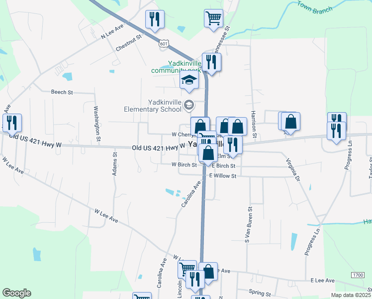 map of restaurants, bars, coffee shops, grocery stores, and more near 121 West Elm Street in Yadkinville