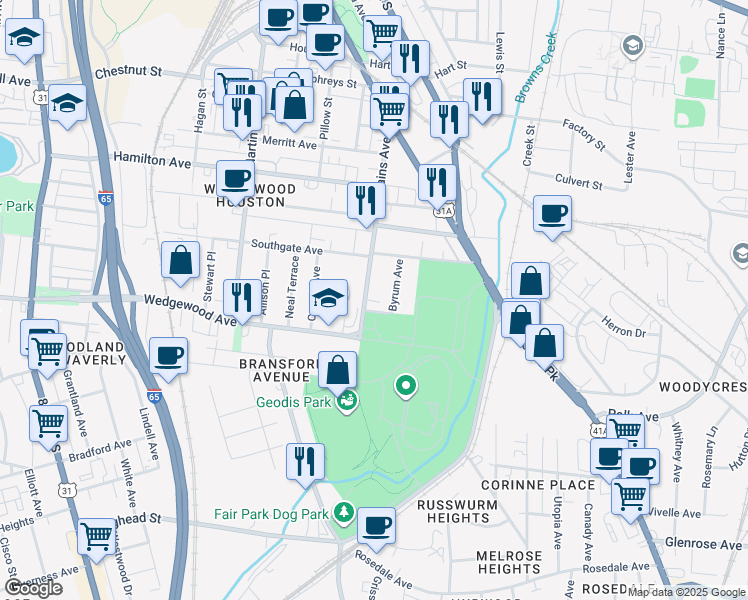 map of restaurants, bars, coffee shops, grocery stores, and more near 174 Rains Avenue in Nashville