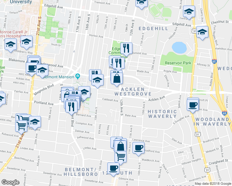 map of restaurants, bars, coffee shops, grocery stores, and more near 1304 Caldwell Avenue in Nashville