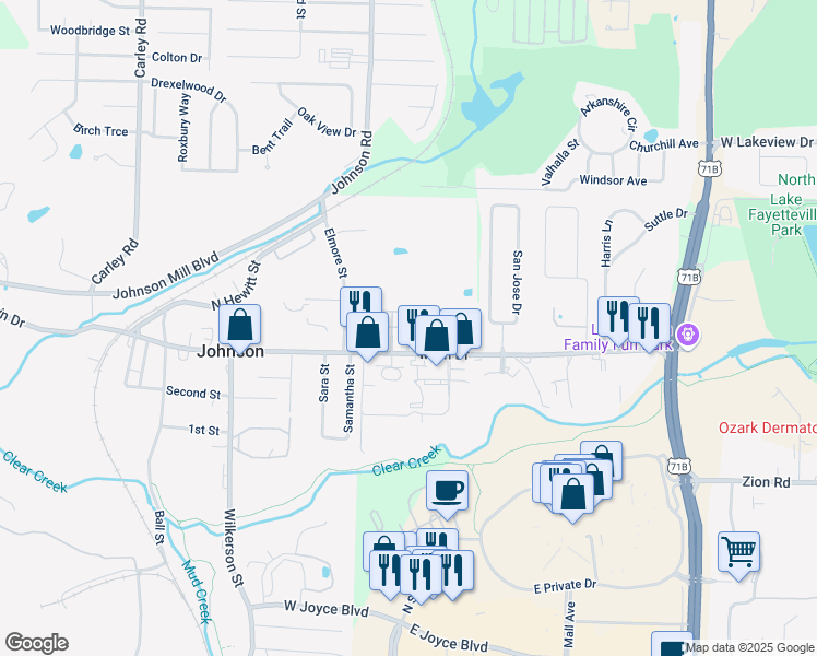 map of restaurants, bars, coffee shops, grocery stores, and more near 2208 Main Drive in Fayetteville