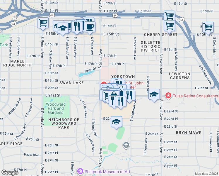 map of restaurants, bars, coffee shops, grocery stores, and more near 1714 Utica Square in Tulsa