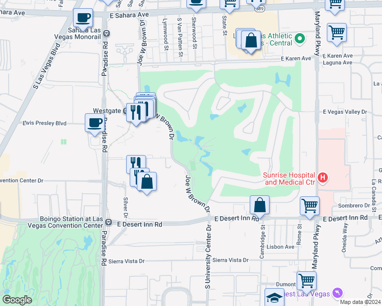 map of restaurants, bars, coffee shops, grocery stores, and more near 3000 Joe W Brown Drive in Las Vegas