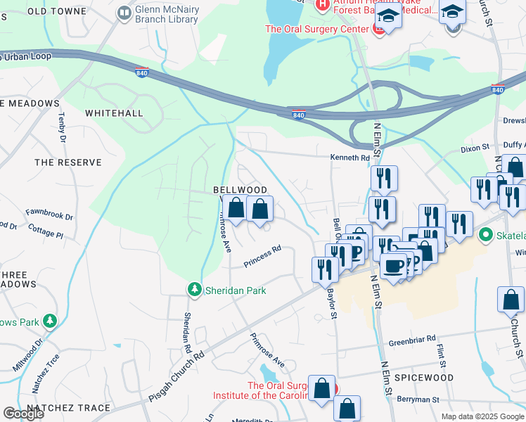 map of restaurants, bars, coffee shops, grocery stores, and more near 1 Nandina Drive in Greensboro