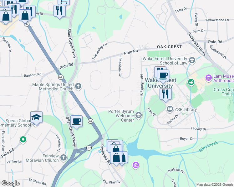 map of restaurants, bars, coffee shops, grocery stores, and more near 2526 Woodberry Drive in Winston-Salem