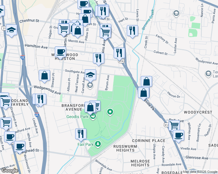 map of restaurants, bars, coffee shops, grocery stores, and more near 2168 Byrum Avenue in Nashville