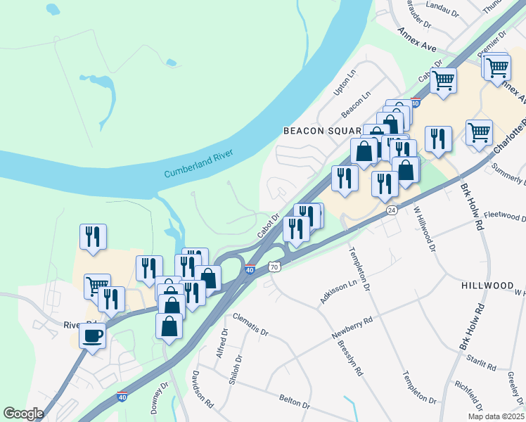 map of restaurants, bars, coffee shops, grocery stores, and more near 7600 Cabot Drive in Nashville