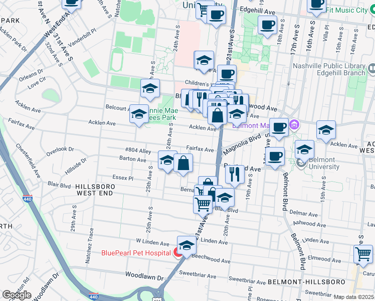 map of restaurants, bars, coffee shops, grocery stores, and more near 2002 Calhoun Avenue in Nashville