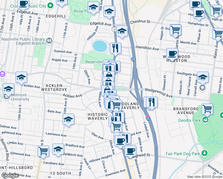 map of restaurants, bars, coffee shops, grocery stores, and more near 8th Avenue South & Wedgewood Avenue in Nashville